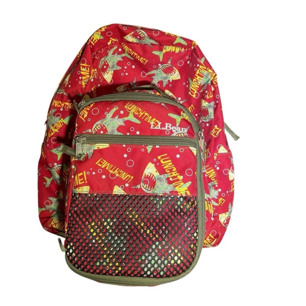 LL Bean Junior Backpack Multicolor Shark Pattern Padded Book Bag With Lunch Bag